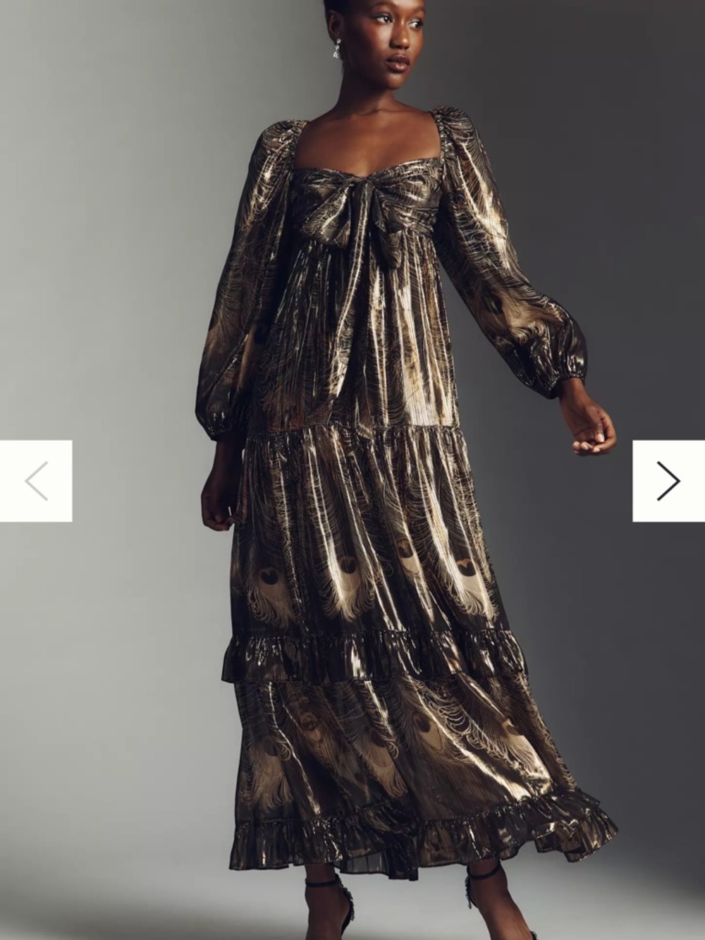Metallic Peacock-Print Long Sleeve Maxi Dress - Black/Gold